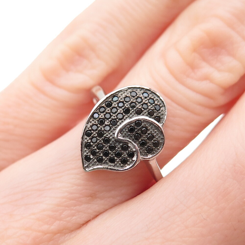 925 Sterling Silver Round-Cut Black C Z Double Heart Ring Size 5.5